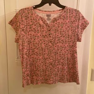 Fun Pink and Tan Floral Print Henley Tee. Size L